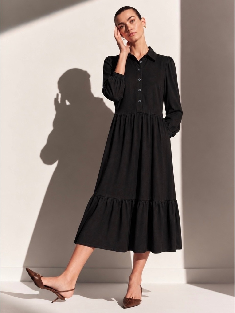 Boden Jemima Tiered Jersey Dress Black 8L Tencel Modal Midi Pockets